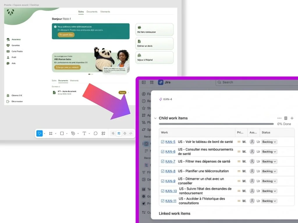 Résultat : les maquettes Figma à gauche, et à droite l'epic dans Jira avec ses sept user stories créées par Claude, en statut Backlog.