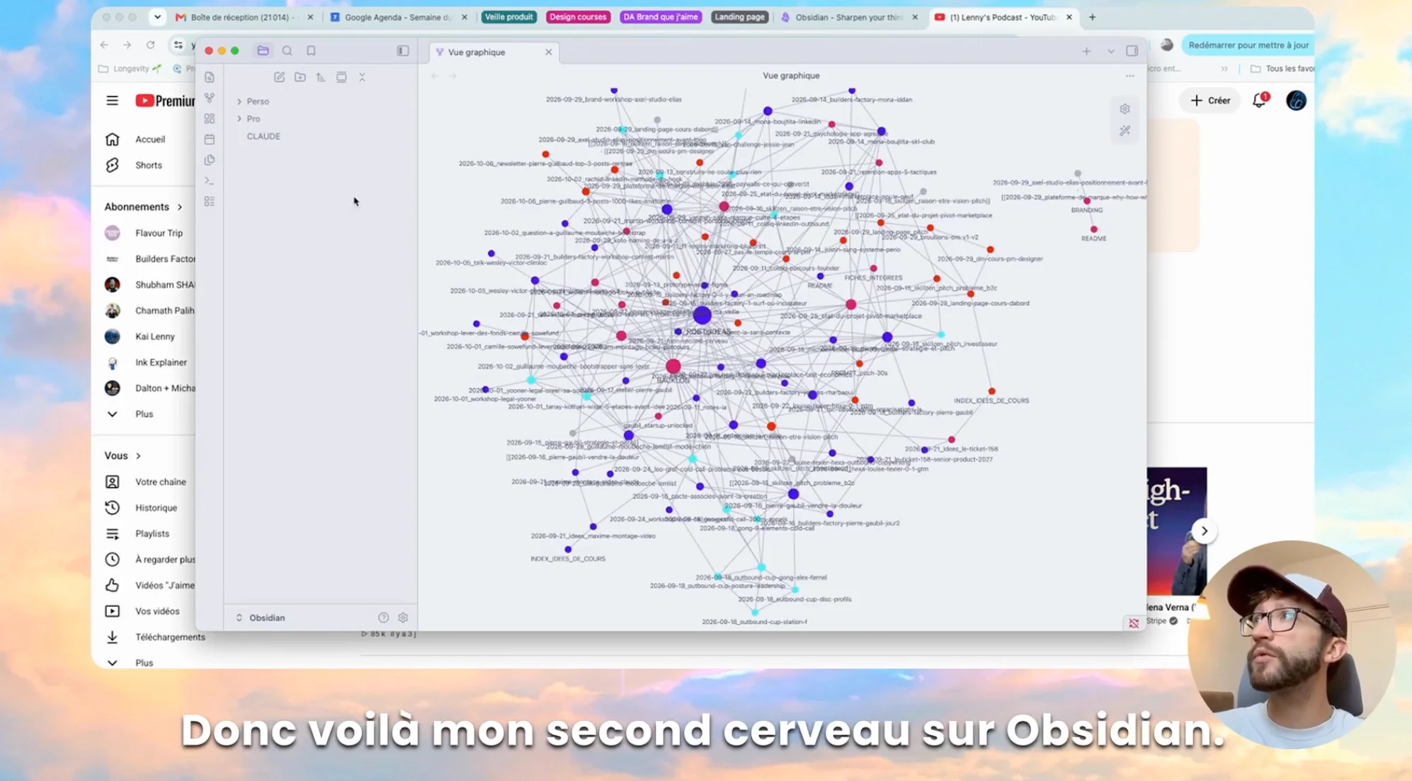 La vue graphique d'Obsidian : des dizaines de fiches reliées entre elles, chaque point une fiche de veille datée.