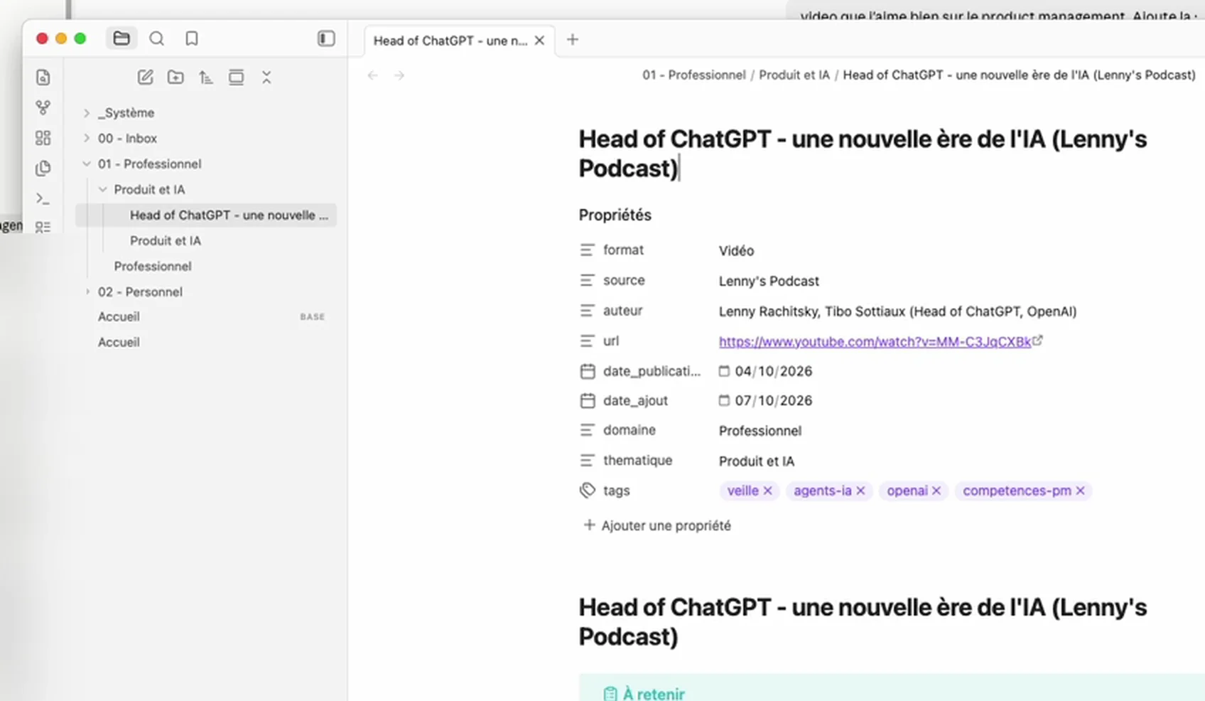 Une fiche de veille dans Obsidian : le format, la source, le lien, la thématique, puis le récap en 5 points.